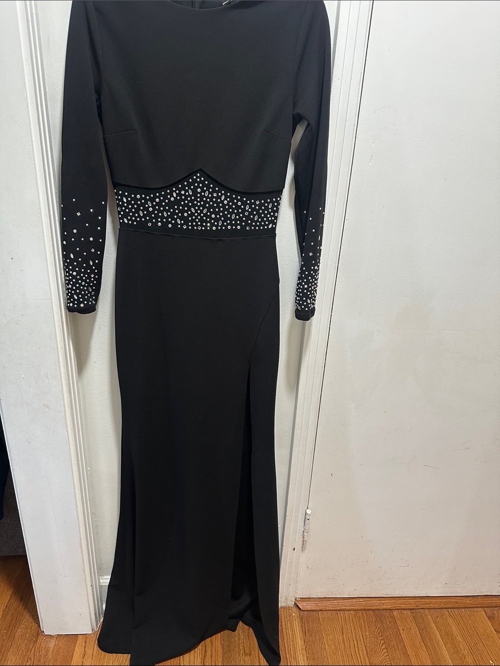Windsor Black Long-Sleeve Maxi Gown with Crystal Waist and Cuff Accents